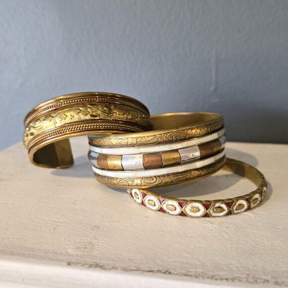 Mixed Metal Chunky Bangle Stack Mother of Pearl Enamel Copper Brass Steel Boho - Picture 4 of 9